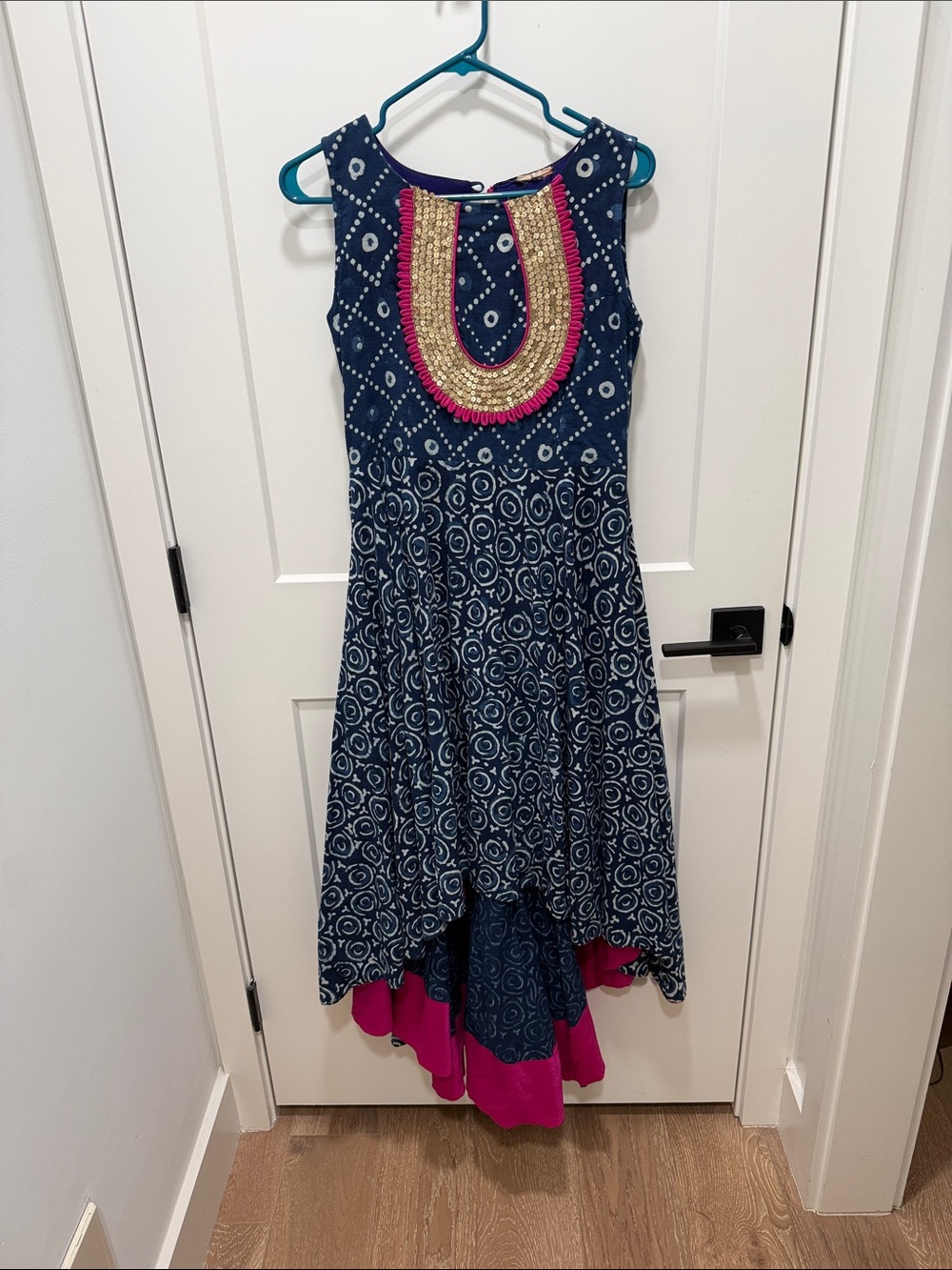 Women’s Navy Blue Printed High-Low Dress with Pink Trim and Gold Detail